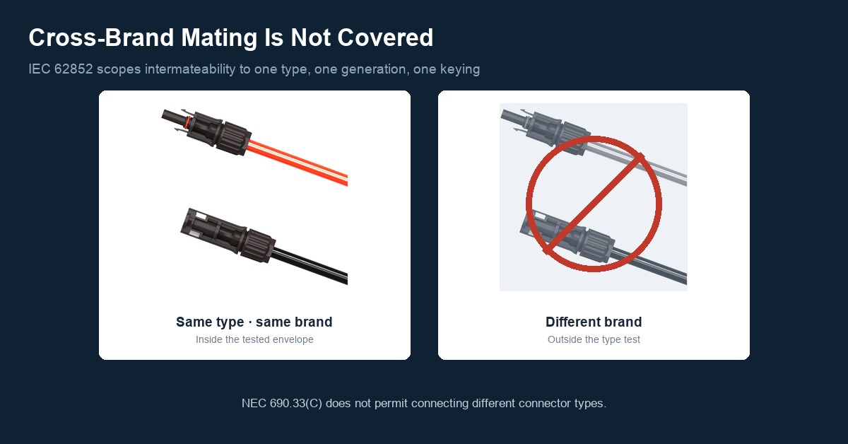 Two PV connector halves from different brands showing micrometre-level differences in contact spring force and housing tolerance that drive fretting and resistance drift
