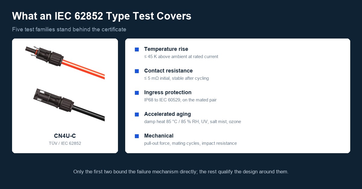The five test families behind an IEC 62852 certificate: temperature rise 45 K, contact resistance, IP68 ingress, accelerated aging and mechanical integrity