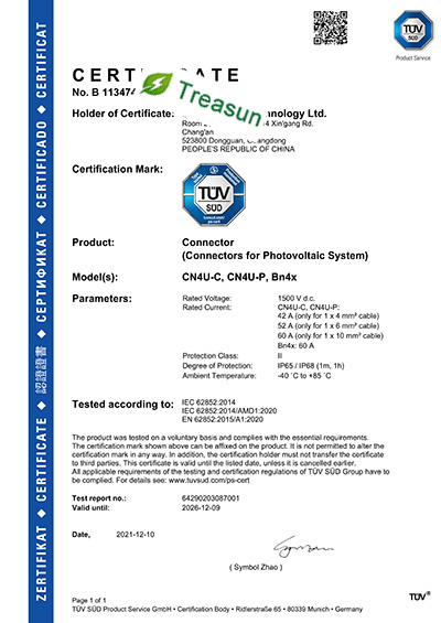 T&Uuml;V-Zertifikat f&uuml;r PV-Kabelsteckverbinder
