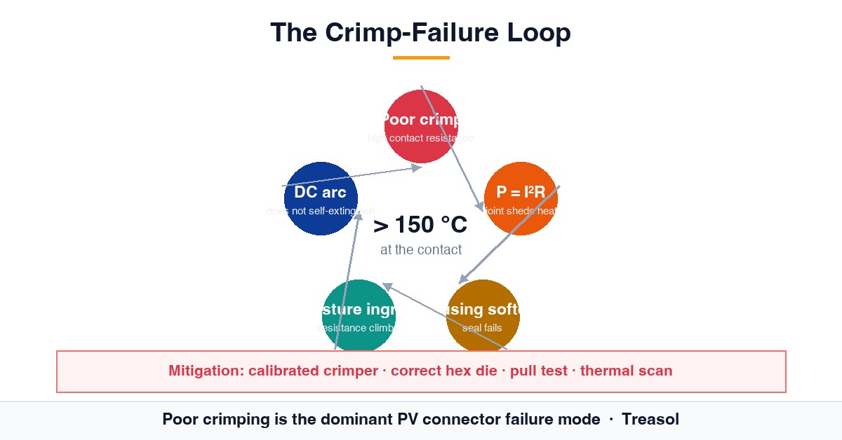 PV connector crimp failure loop: rising contact resistance, heat, seal failure and DC arc