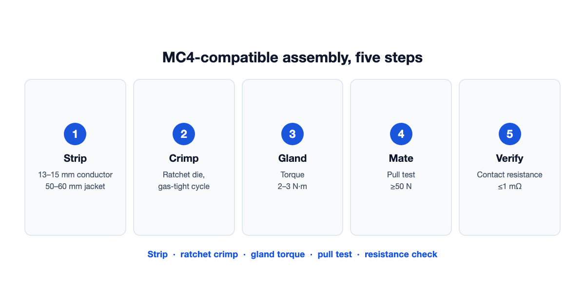 Five-step MC4-compatible assembly: strip 13–15 mm, ratchet crimp with a matched die, gland torque 2–3 N·m, mate and pull-test at ≥50 N, then verify contact resistance ≤1 mΩ