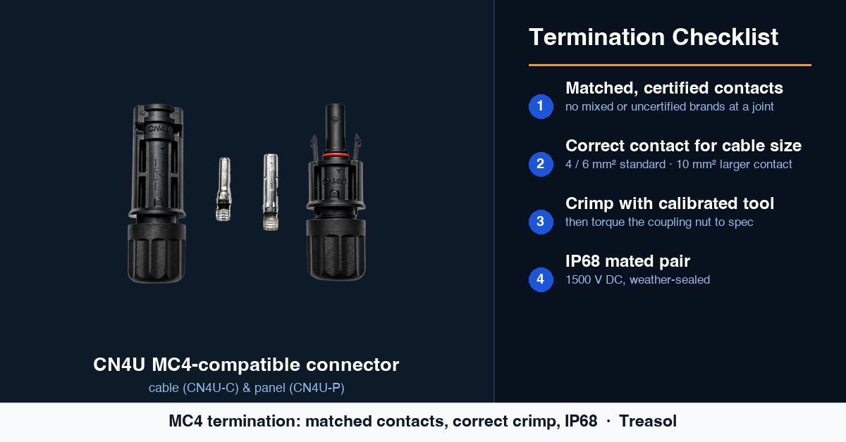 Treasol MC4-compatible 1500 V PV cable connector IP68 crimp termination