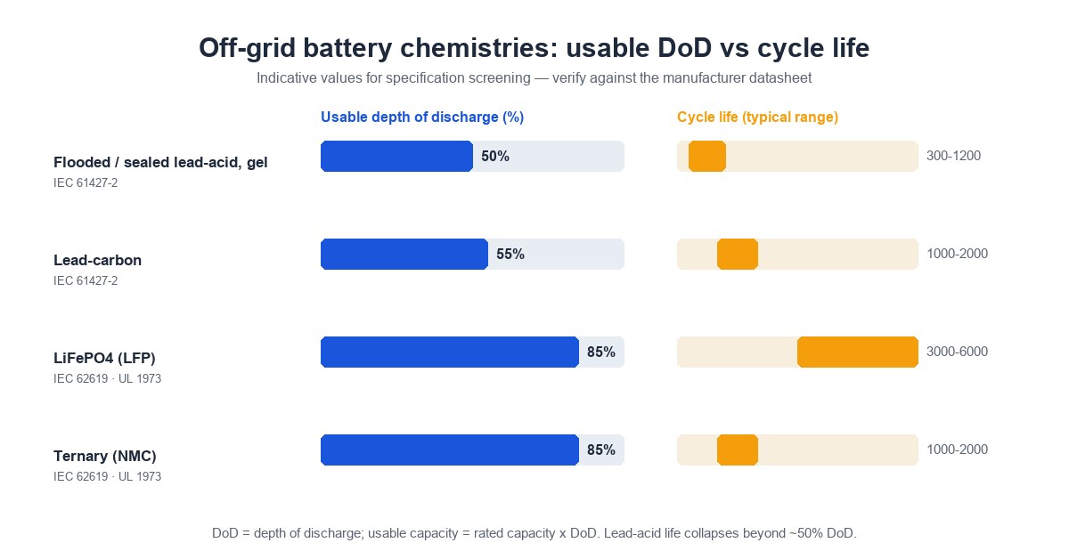 Depth of discharge and cycle life comparison for off-grid batteries: lead-acid at 50% DoD with 300-1200 cycles versus LiFePO4 at 85% DoD with 3000-6000 cycles