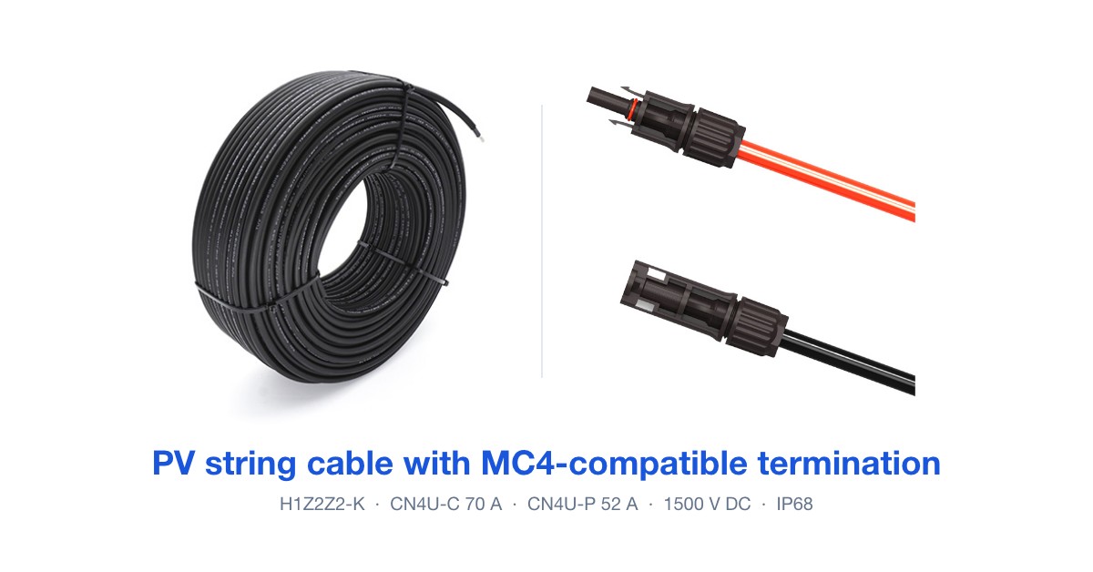 Treasol H1Z2Z2-K PV string cable paired with CN4U-C and CN4U-P MC4-compatible connectors, 1500 V DC and IP68
