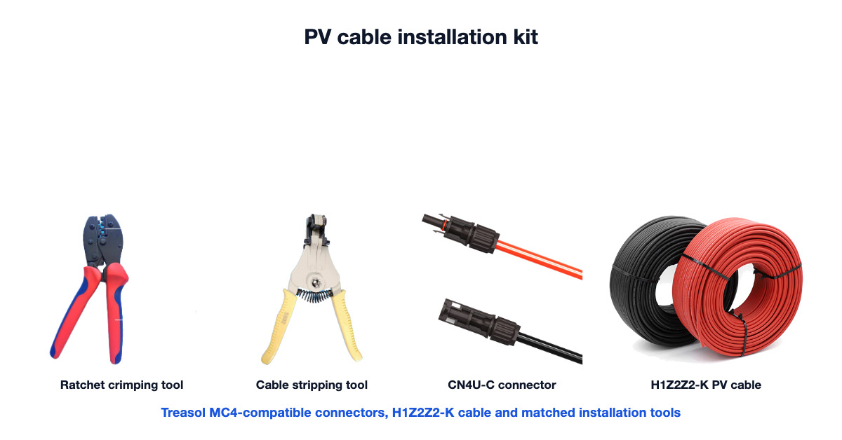 PV cable installation kit: an MC4 ratchet crimping tool, a cable stripping tool, CN4U-C MC4-compatible connectors and H1Z2Z2-K photovoltaic cable
