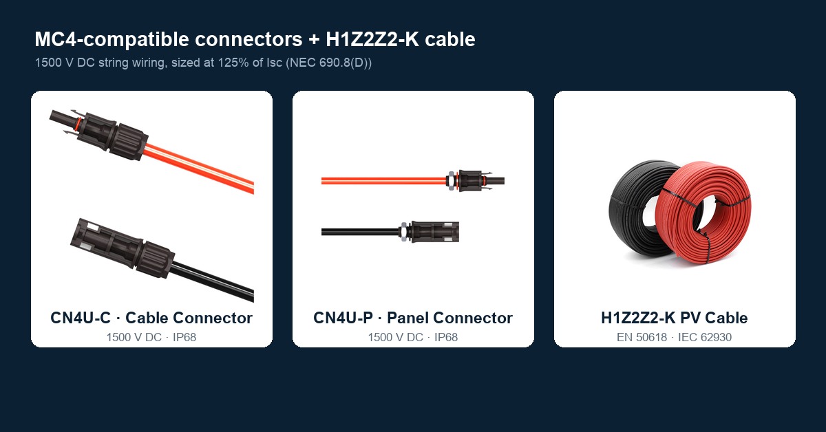 CN4U-C and CN4U-P MC4-compatible connectors with H1Z2Z2-K 1500 V DC PV cable, sized at 125% of string Isc per NEC 690.8(D)