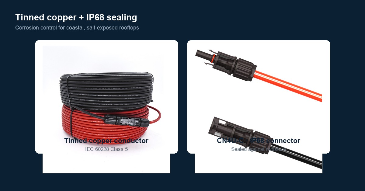 Tinned-copper PV conductor and IP68 connector sealing for coastal, salt-exposed rooftop arrays