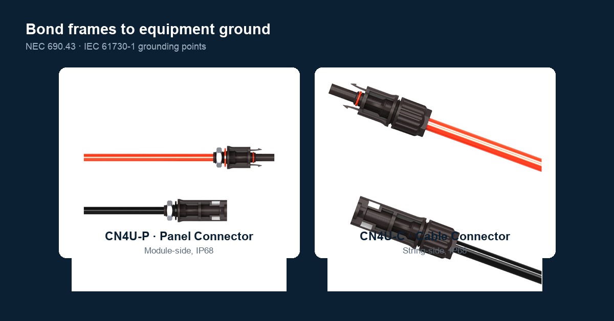 PV module frame bonding to an equipment grounding conductor per NEC 690.43